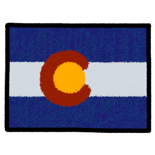 A land mass matching the shape of the state colorado (which is funnily enough just a rectangle) with a black outline and the interior matching the colorado flag: a dark blue stripe, then white stripe, then blue stripe again. on the white stripe is a red C with a yellow circle inside of the C